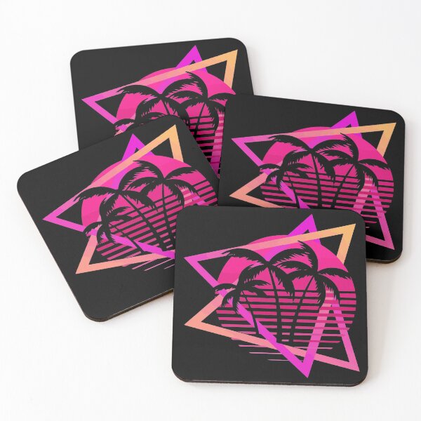 Modern Retro 80s Outrun Sunset Palm Tree Silhouette Coasters (Set of 4)