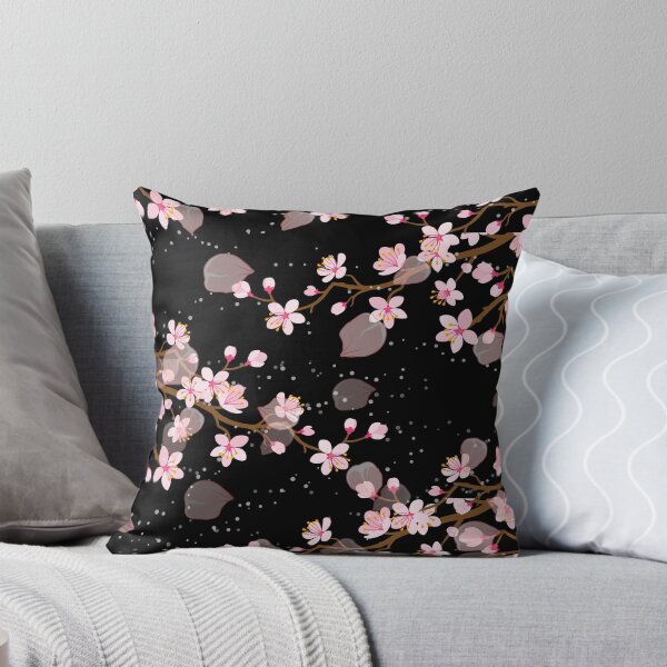 Item preview, White and Pink Japanese Cherry Blossom Floral Seamless Repetition pattern on Black  designed and sold by Aishwarya  Singh.
