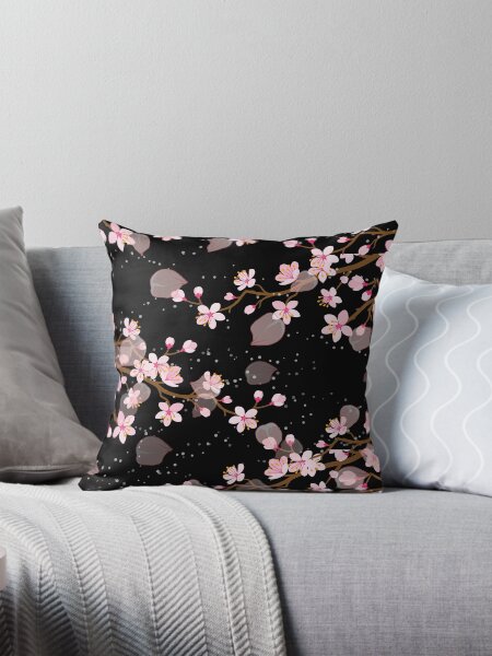 Item preview, White and Pink Japanese Cherry Blossom Floral Seamless Repetition pattern on Black  designed and sold by Aishwarya  Singh.