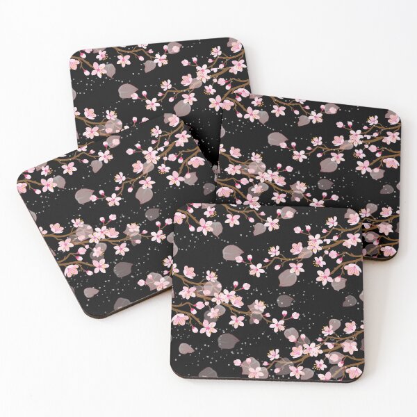 Item preview, White and Pink Japanese Cherry Blossom Floral Seamless Repetition pattern on Black  designed and sold by Aishwarya  Singh.