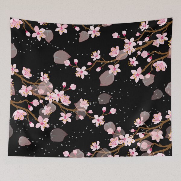 Item preview, White and Pink Japanese Cherry Blossom Floral Seamless Repetition pattern on Black  designed and sold by Aishwarya  Singh.