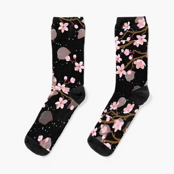 Item preview, White and Pink Japanese Cherry Blossom Floral Seamless Repetition pattern on Black  designed and sold by Aishwarya  Singh.