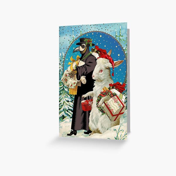 Merry Christmas Plague Doctor and White Rabbit Greeting Card