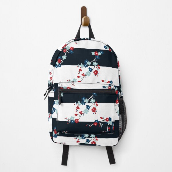 Item preview, Navy blue stripes pattern with small flowers designed and sold by Elemesca.