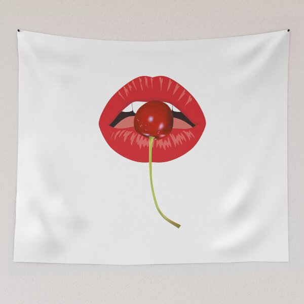 Item preview, Red lips biting cherry Open month with white teeth eating a red cheery designed and sold by mashmosh.