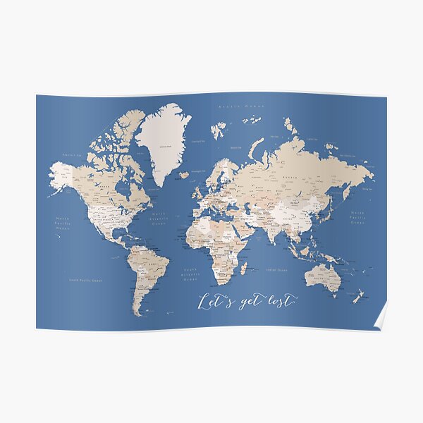 Map Of The Lost Cities Kotlc Let's Get Lost Detailed World Map With Cities In Blue And Brown, Gabriel"  Poster By Blursbyai | Redbubble