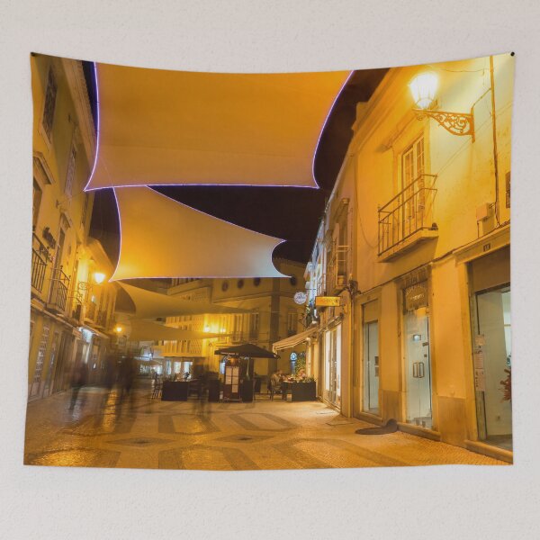 Item preview, Charming Faro Algarve Portugal - Nighttime Shopping Street with Cool Canvas Awnings designed and sold by Georgia Mizuleva.