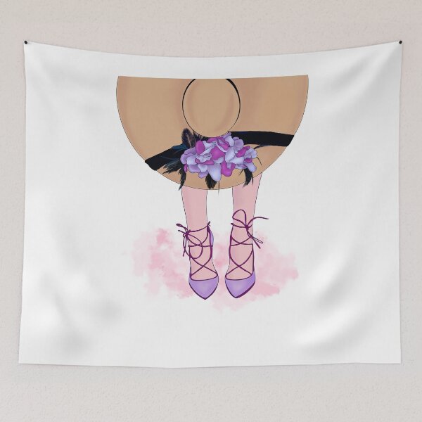 Item preview, Girl in her purple high heel shoes holding a flower straw hat with black feathers designed and sold by expresivedesign.
