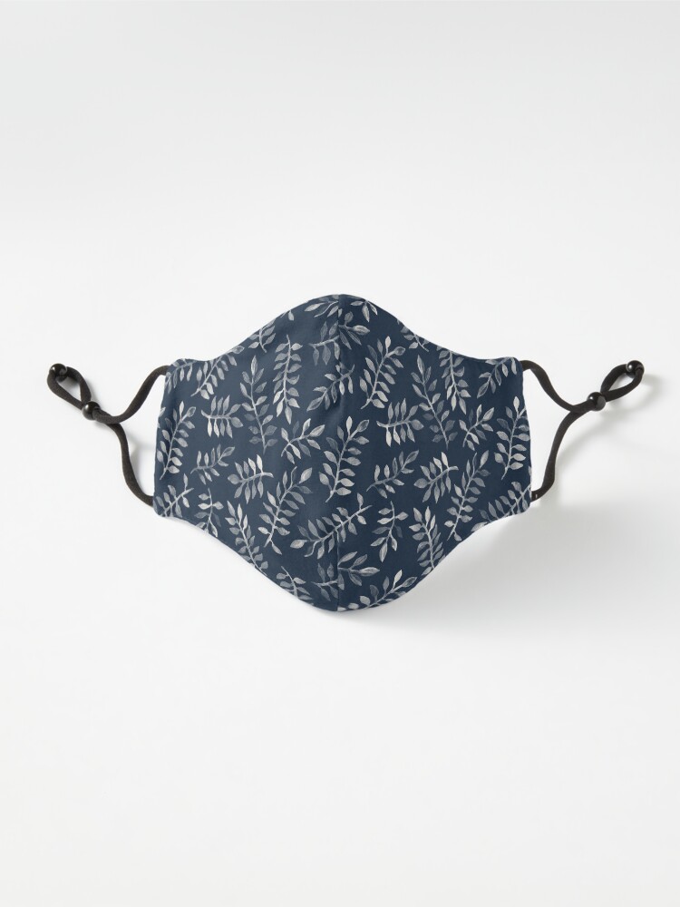 Alternate view of White Leaves on Navy - a hand painted pattern Mask