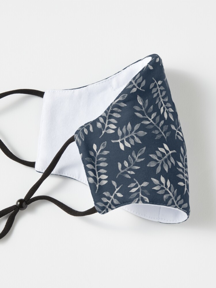 Alternate view of White Leaves on Navy - a hand painted pattern Mask