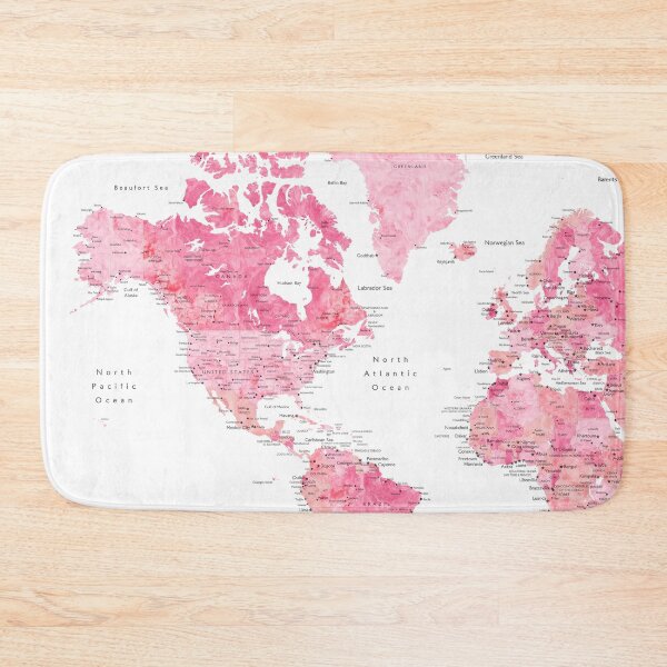 Item preview, Pink detailed watercolor world map with cities Azalea designed and sold by blursbyai.