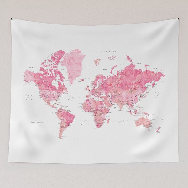 Item preview, Pink detailed watercolor world map with cities Azalea designed and sold by blursbyai.