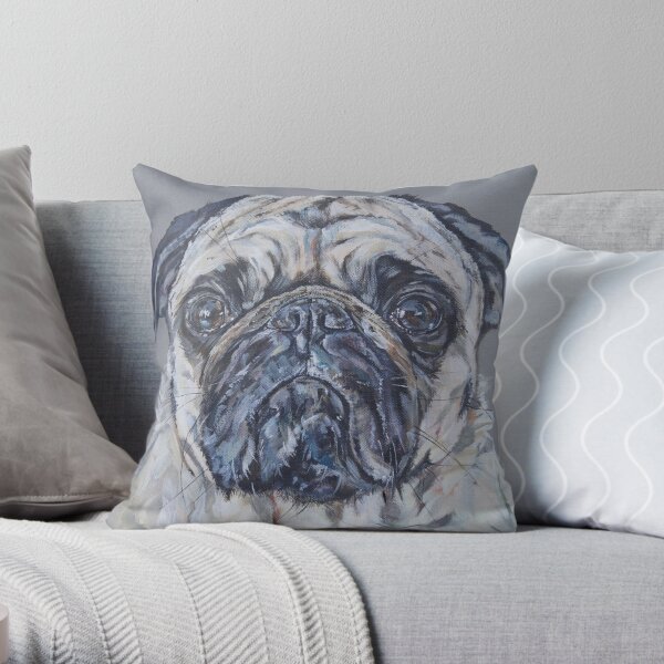 Pug Hug. Pug dog painting art by award-winning UK artist Sam Fenner Throw Pillow