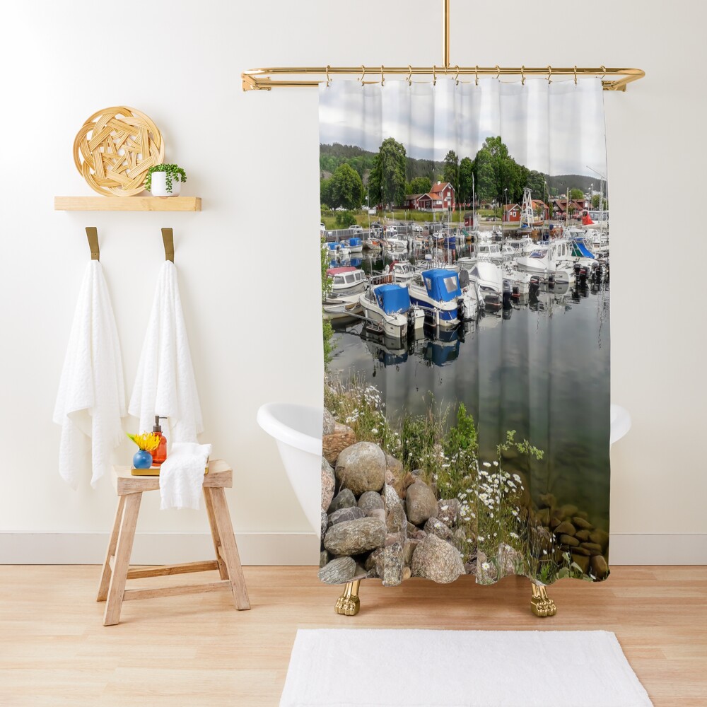 "Stones in the harbor Sea view Small boats Yachts" Shower Curtain for