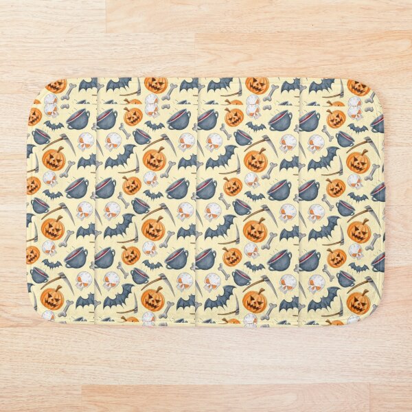 Artikelvorschau, Pale yellow, blue, green, orange, white, cute Halloween watercolor pattern, boo, witch, candy, bat, witch hat, pumpkin, latest Halloween bestselling, trending entworfen und verkauft von August-E.