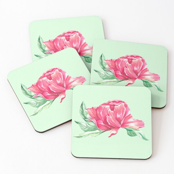 Item preview, Copy of Hand-painted watercolor pink peony sticker on the pastel green background designed and sold by sentimentalica.