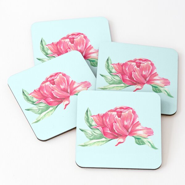 Item preview, Hand-painted watercolor pink peony sticker on the pastel blue background designed and sold by sentimentalica.