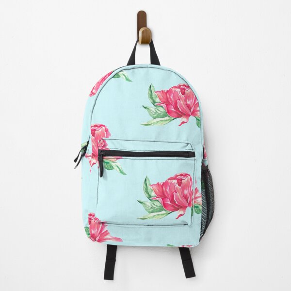 Item preview, Hand-painted watercolor pink peony sticker on the pastel blue background designed and sold by sentimentalica.
