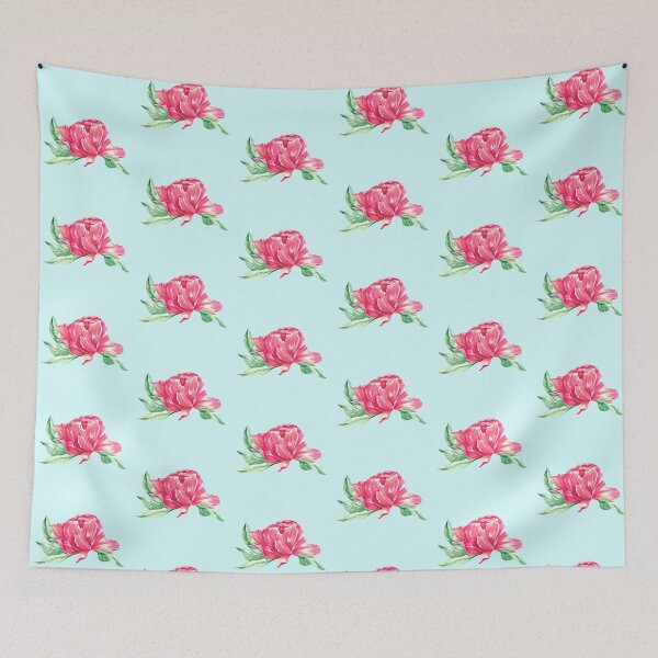 Item preview, Hand-painted watercolor pink peony sticker on the pastel blue background designed and sold by sentimentalica.