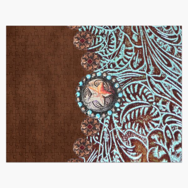 Primitive cowboy cowgirl western country brown turquoise Jigsaw Puzzle