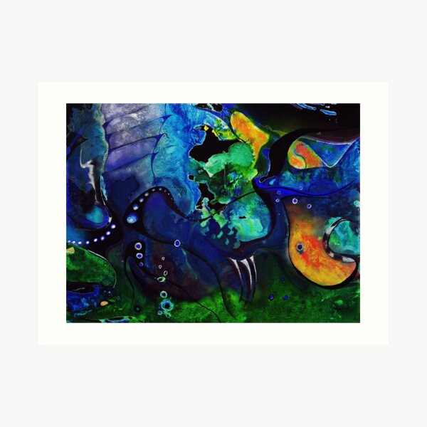 blaue, grüne und orange Landschaft Kunstdruck
