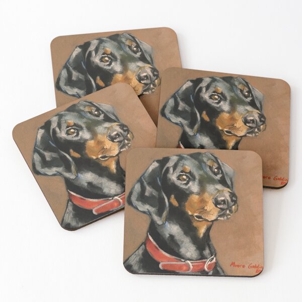 Item preview, Doberman Pinscher. Oil on canvas 10x10” designed and sold by Elizabeth Moore Golding.