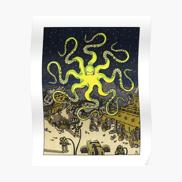 Hypnotic Octopus over Shipwrecks Poster