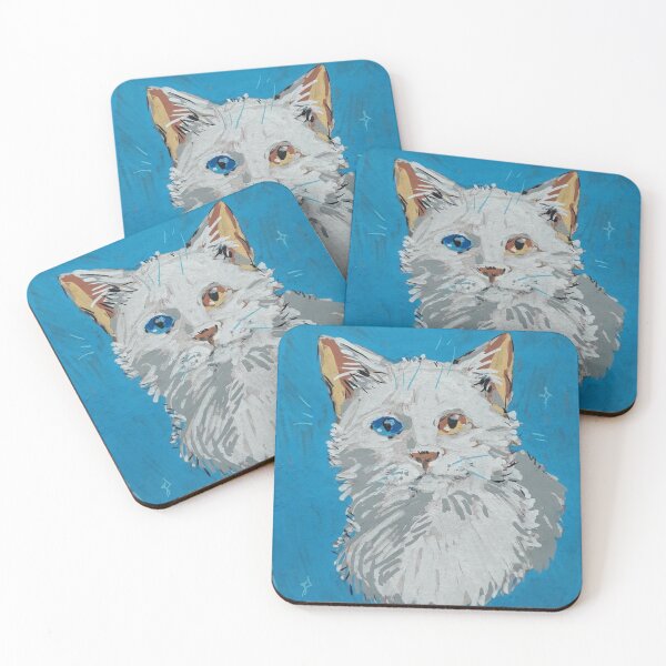 Item preview, White cat on blue background  designed and sold by Martascreations.