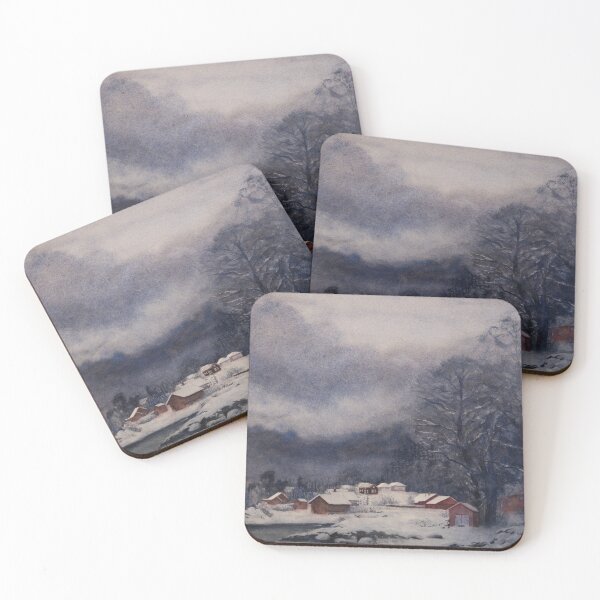 Item preview, Dark Winter Silence, houses covered by snow on the coast. Watercolour landscape  designed and sold by Einar Aasen.