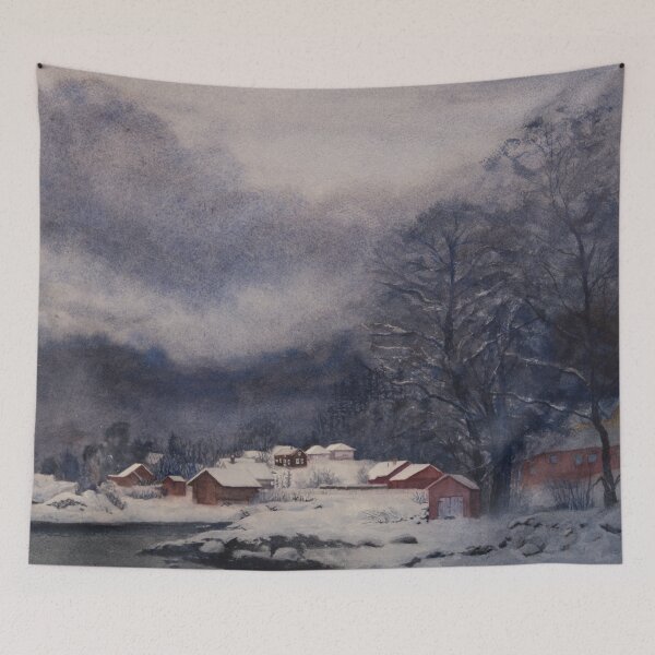Item preview, Dark Winter Silence, houses covered by snow on the coast. Watercolour landscape  designed and sold by Einar Aasen.