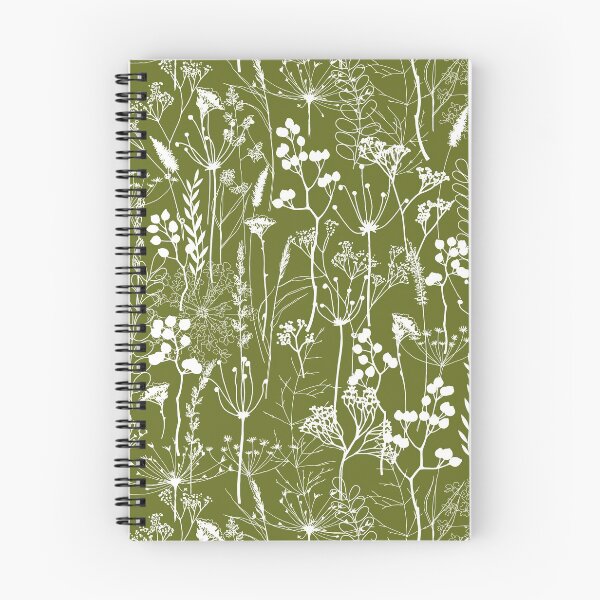 Item preview, White herbal silhouette seamless pattern on olive green. Wild herbs. Wild life designed and sold by Yulia Chepurova.