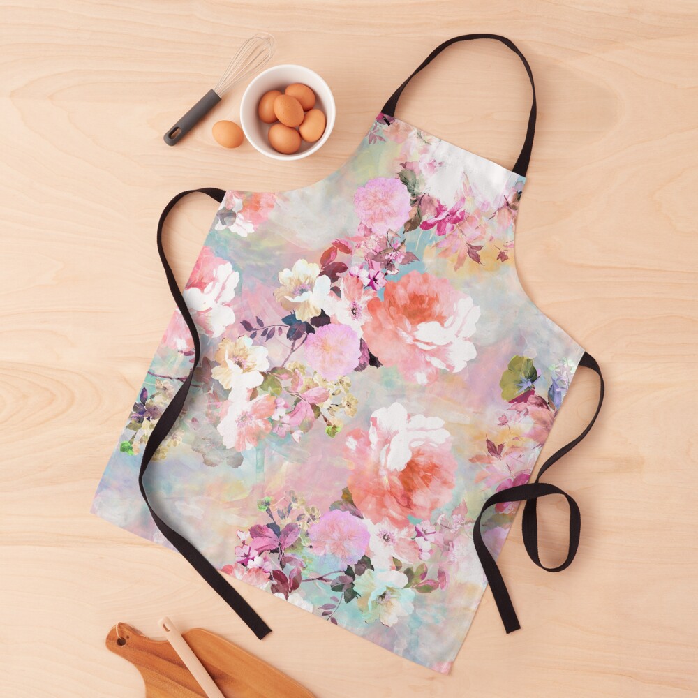 Romantic Pink Teal Watercolor Chic Floral Pattern Apron