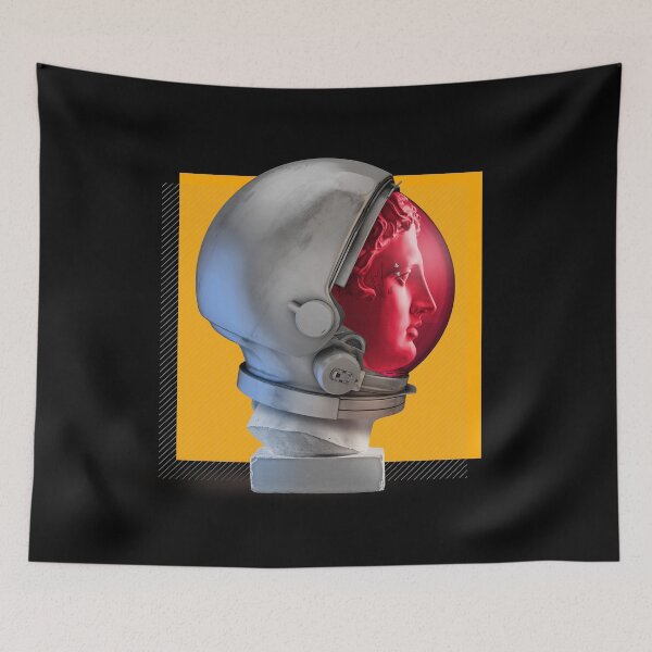 Item preview, Cool hippy Greek god statue in a retro space helmet-orange background designed and sold by AznavourByKarin.