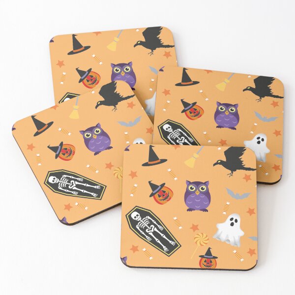 Item preview, Halloween Pattern with ghost, hat , Human skeleton , owl, bat , candy, pumpkin ,Crows illustrations    designed and sold by MerchSpot.