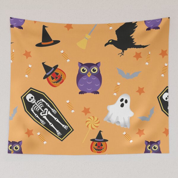 Item preview, Halloween Pattern with ghost, hat , Human skeleton , owl, bat , candy, pumpkin ,Crows illustrations    designed and sold by MerchSpot.