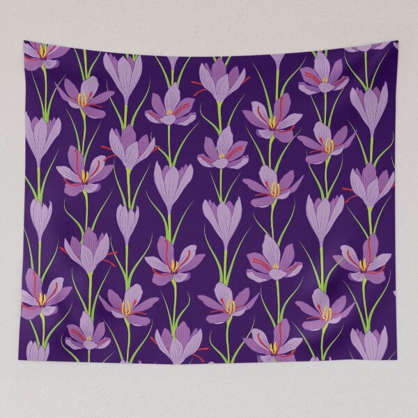 Item preview, Saffron flower pattern on dark purple background designed and sold by The Pattern Mill.