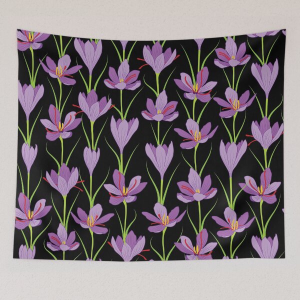 Item preview, Lavender saffron flower pattern on black background designed and sold by The Pattern Mill.