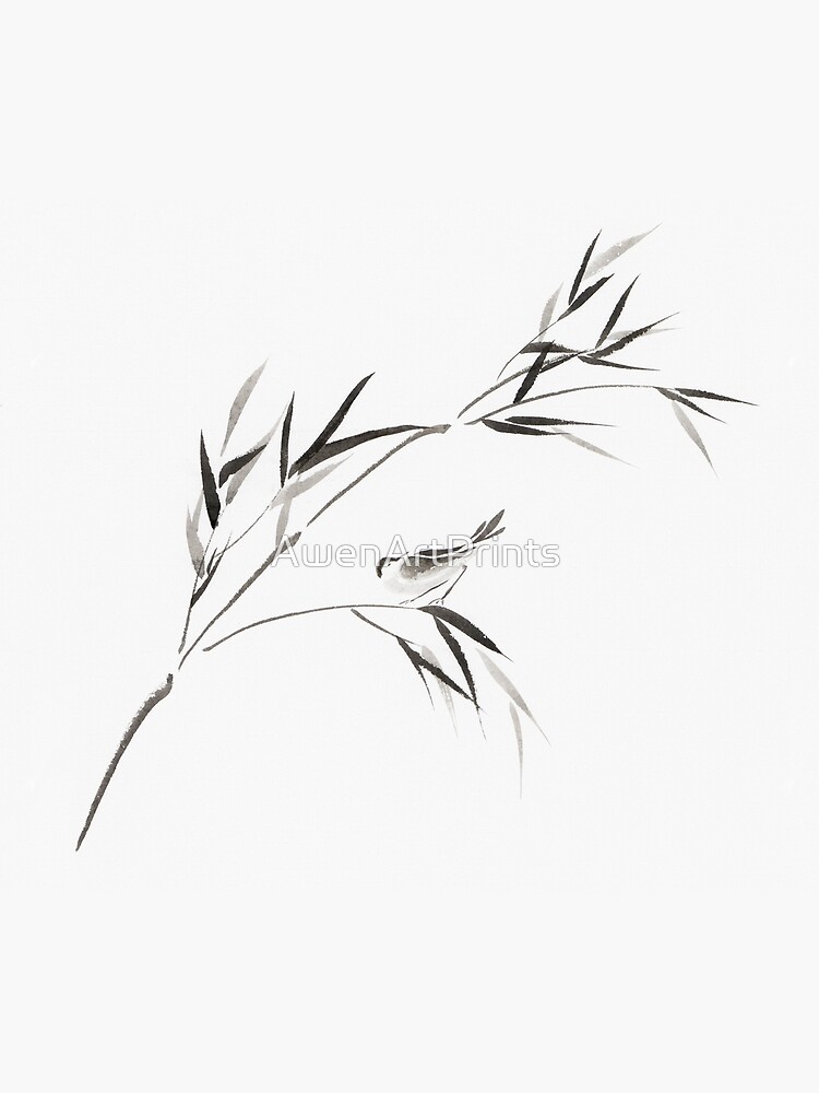 Bird on a bamboo branch Japanese Zen Sumi-e painting on white rice paper art print by AwenArtPrints