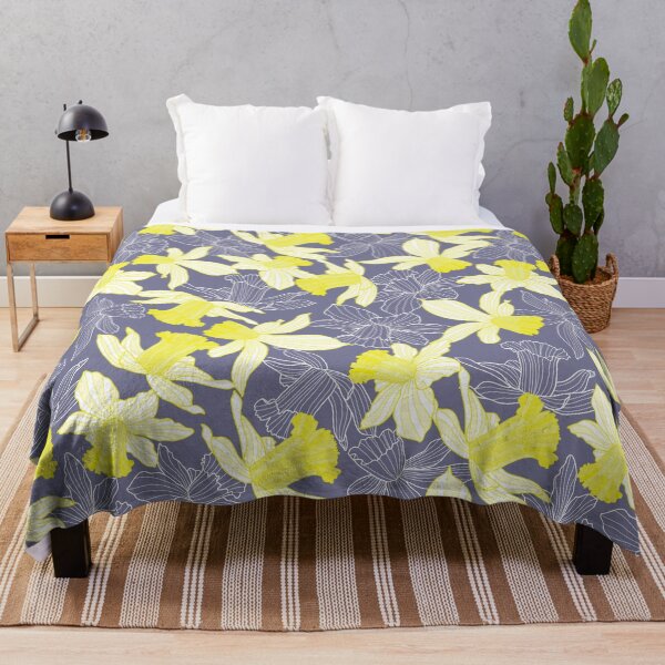 Item preview, white daffodils line art on stone blue background designed and sold by The Pattern Mill.