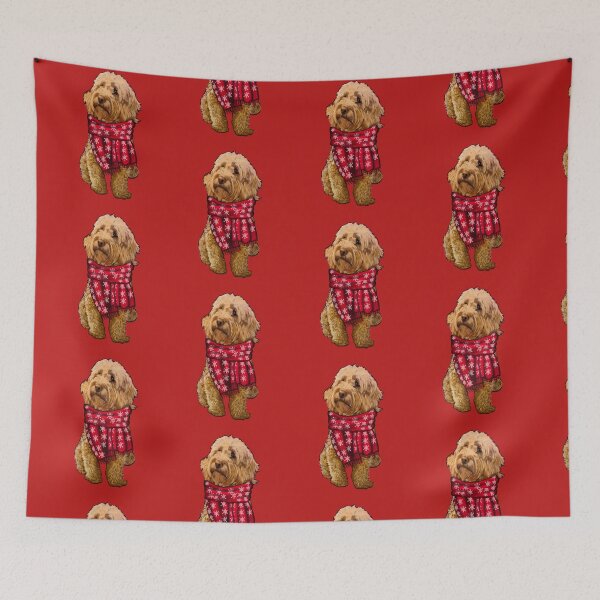 Item preview, Cavapoo Cavoodle puppy dog in festive red scarf- cute cavalier king charles spaniel snug in a snowflake themed scarf designed and sold by Artonmytee.
