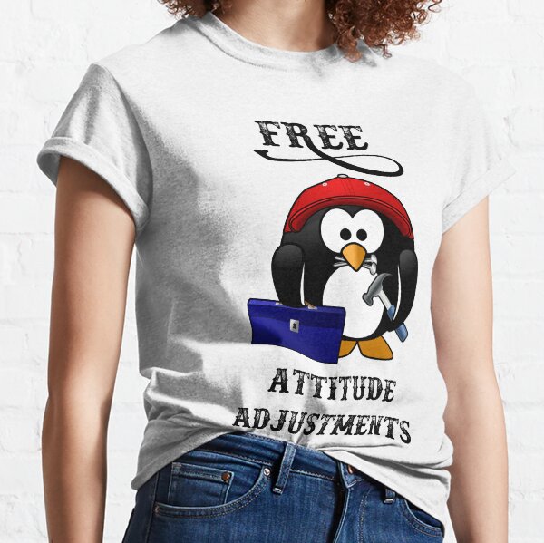 Vista previa del artículo con la obra «Ajustes de actitud gratuitos: un simpático pingüino con una caja de herramientas, un martillo y clavos.», diseñado y vendido por Oaks Creations.