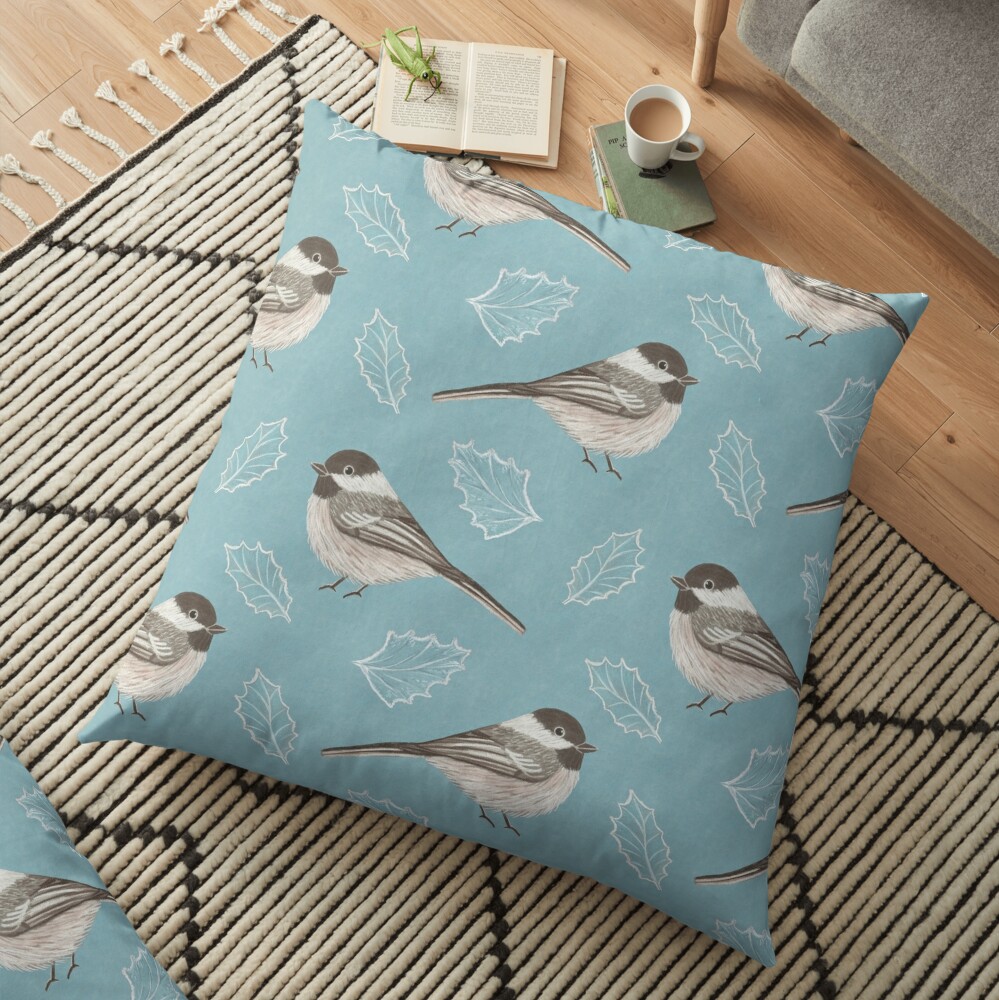 Chickadees and Frosted Leaves Floor Pillow