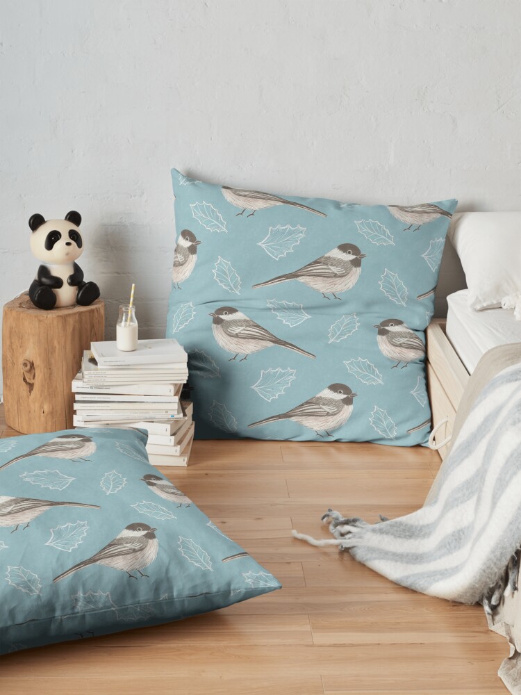 Alternate view of Chickadees and Frosted Leaves Floor Pillow