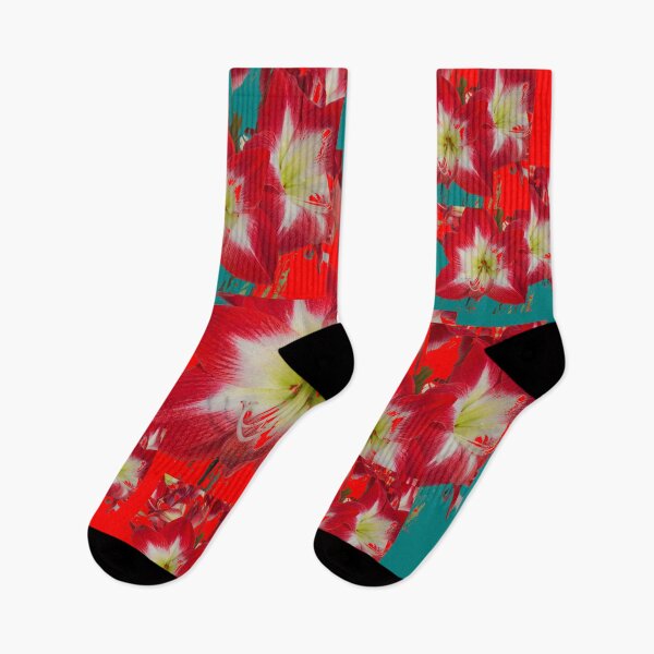 Item preview, ABSTRACT TEAL COLOR & RED AMARYLLIS FLOWERS PATTERN ART  designed and sold by sharlesart.