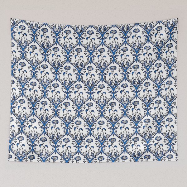 Item preview, ELECTRA 2 blue flower daisy baroque cornflower leaf patterns arabesque scrolls white vintage design style designed and sold by dragonemma.
