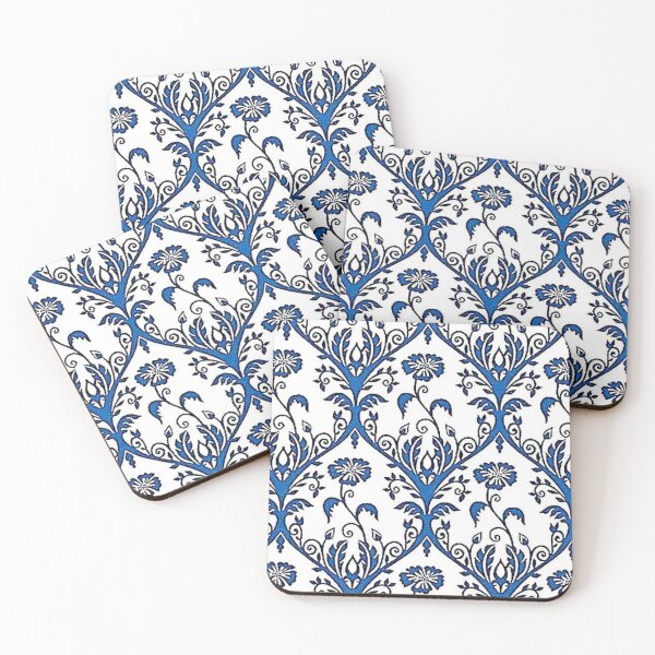 Item preview, ELECTRA 2 blue flower daisy baroque cornflower leaf patterns arabesque scrolls white vintage design style designed and sold by dragonemma.