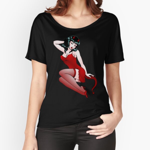 Devilish Pin Up Girl Retro Halloween Pinup Art Relaxed Fit T-Shirt