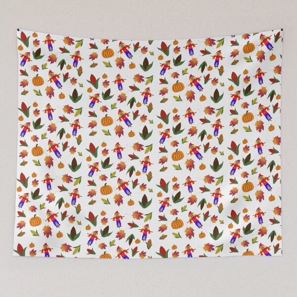 Item preview, Thanksgiving and fall pattern with pumpkins, corn, leaves, and scarecrows designed and sold by With My Hands By K.