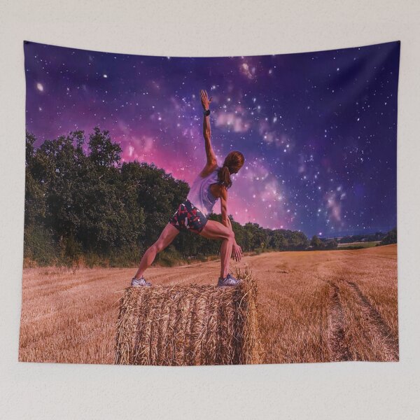 Item preview, France Travel Photography, Yoga Pose on Haystack, With Galaxy, Fantasy Art designed and sold by Lizzie May.