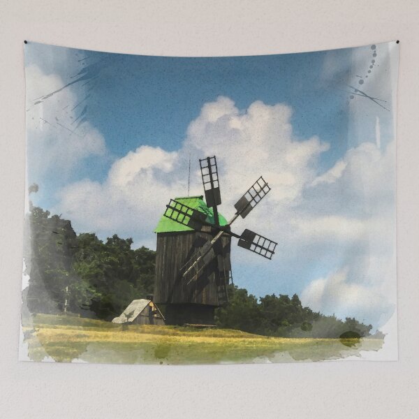 Item preview, Watercolor Ukraine Ancient Wooden Windmill & Tin Roofs on Meadow designed and sold by r-silver.
